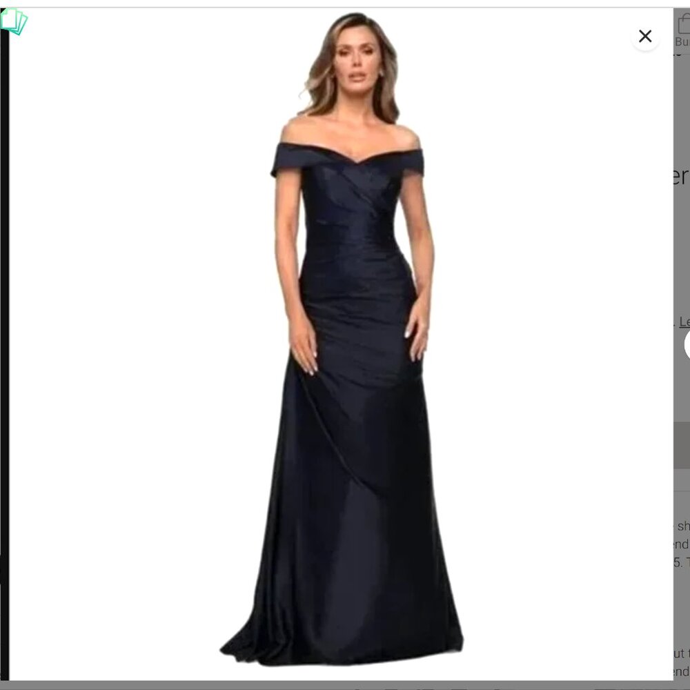 La Femme Off Shoulder Ruched Satin Trumpet Gown in Midnight Blue, size 10, NWOT! - Picture 4 of 11